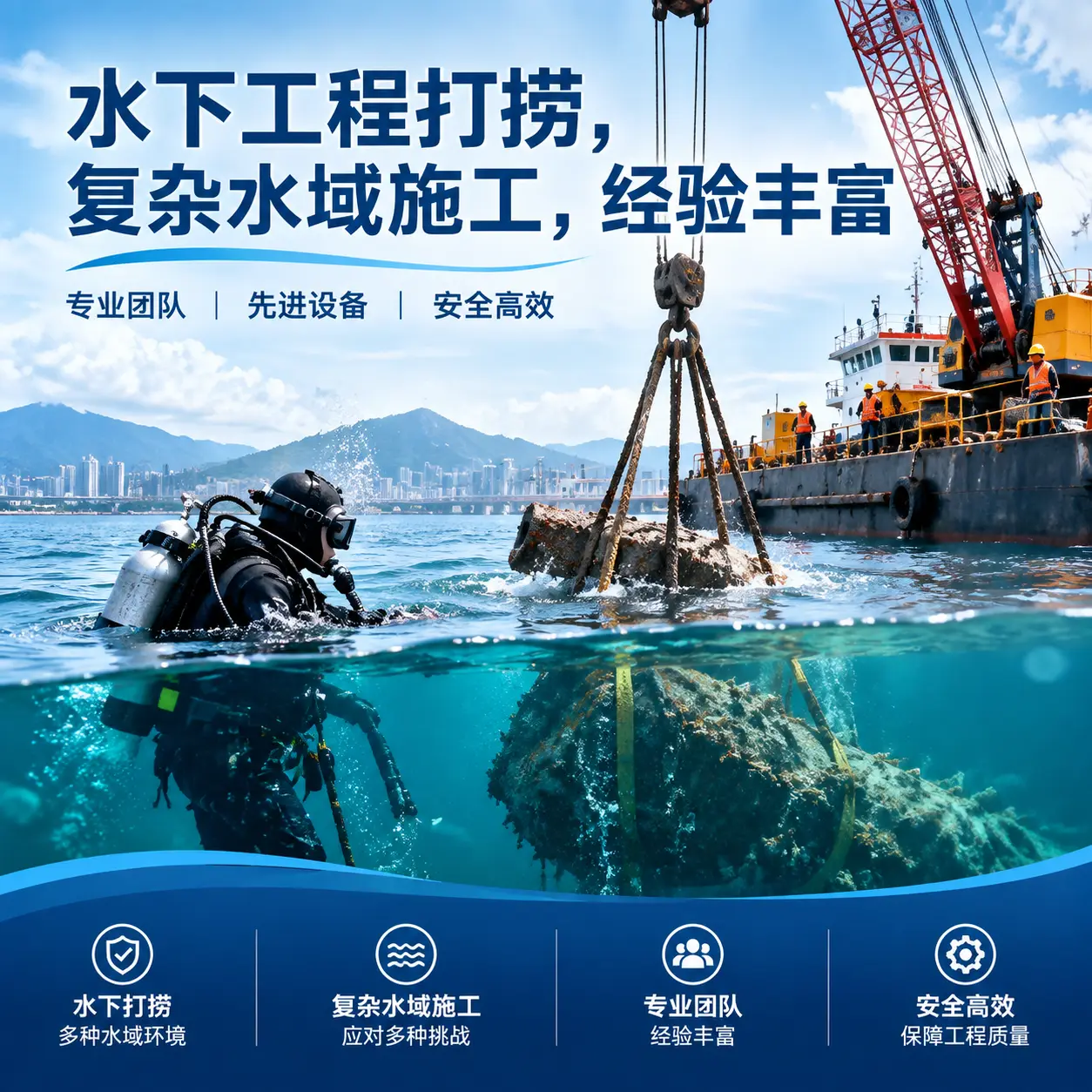 水下工程打捞，复杂水域施工，经验丰富博野